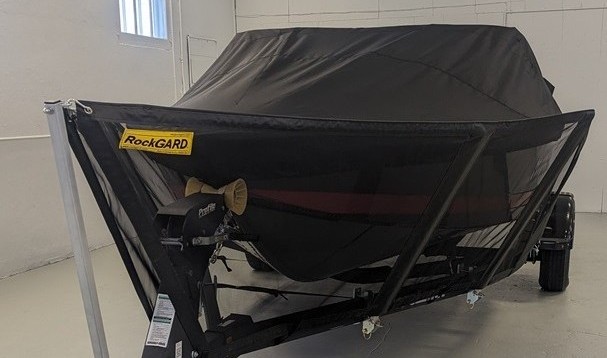 Front view of a RockGARD V-front XL protection system installed on a boat trailer